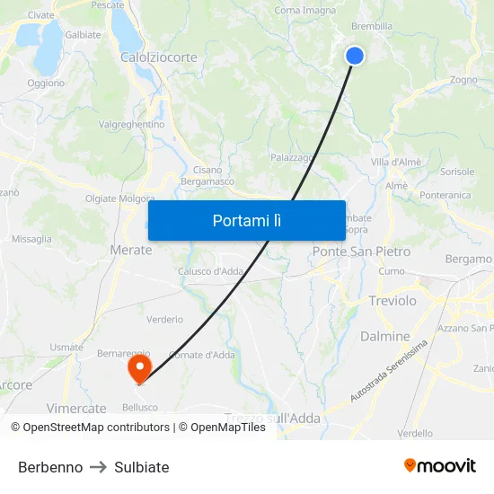 Berbenno to Sulbiate map