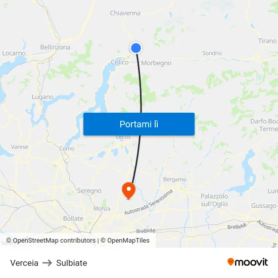 Verceia to Sulbiate map