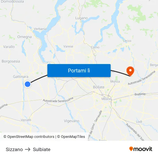 Sizzano to Sulbiate map
