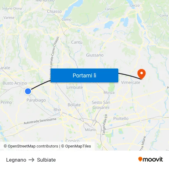 Legnano to Sulbiate map
