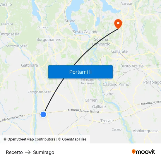 Recetto to Sumirago map