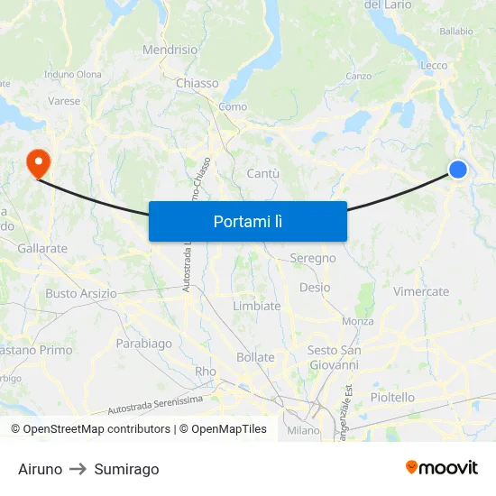Airuno to Sumirago map
