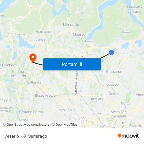 Alserio to Sumirago map