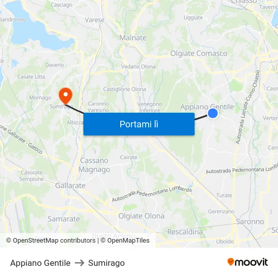 Appiano Gentile to Sumirago map