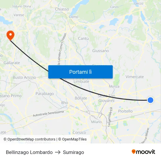 Bellinzago Lombardo to Sumirago map