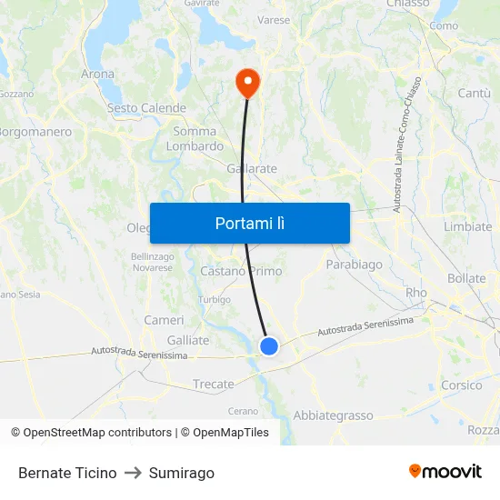 Bernate Ticino to Sumirago map