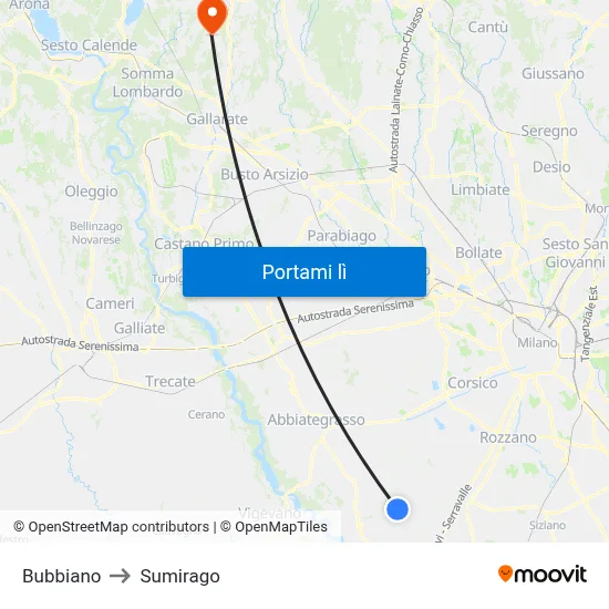 Bubbiano to Sumirago map