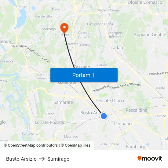 Busto Arsizio to Sumirago map