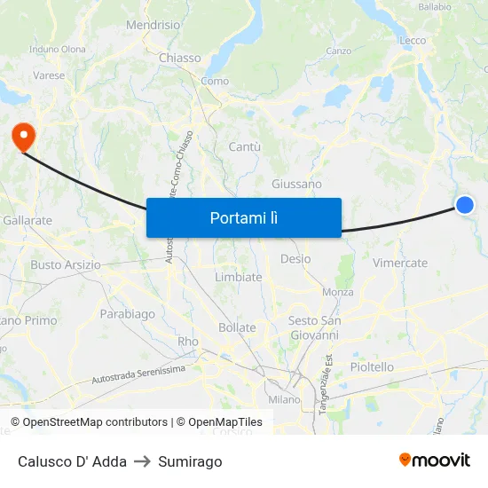 Calusco D' Adda to Sumirago map