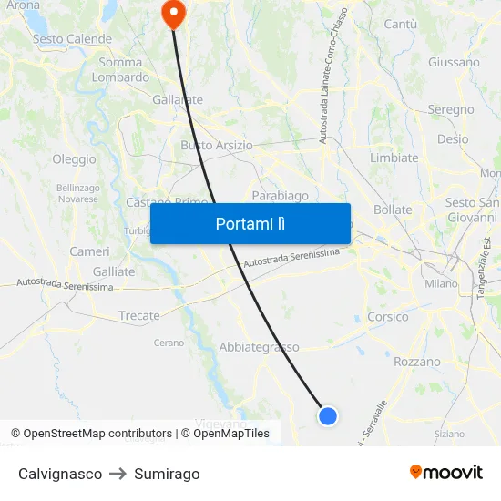 Calvignasco to Sumirago map