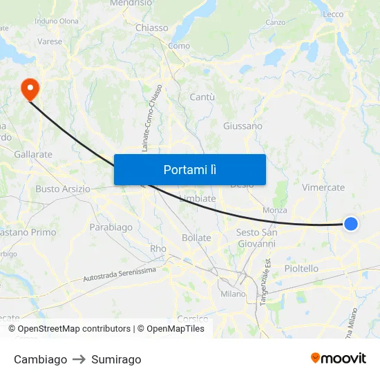 Cambiago to Sumirago map