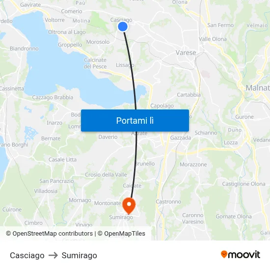 Casciago to Sumirago map