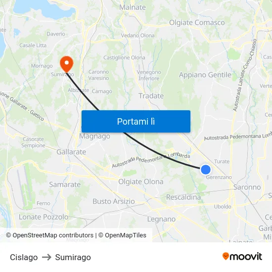 Cislago to Sumirago map