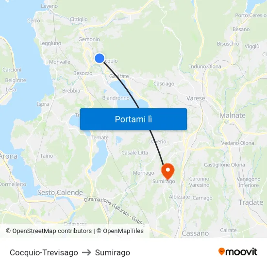 Cocquio-Trevisago to Sumirago map