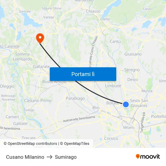 Cusano Milanino to Sumirago map