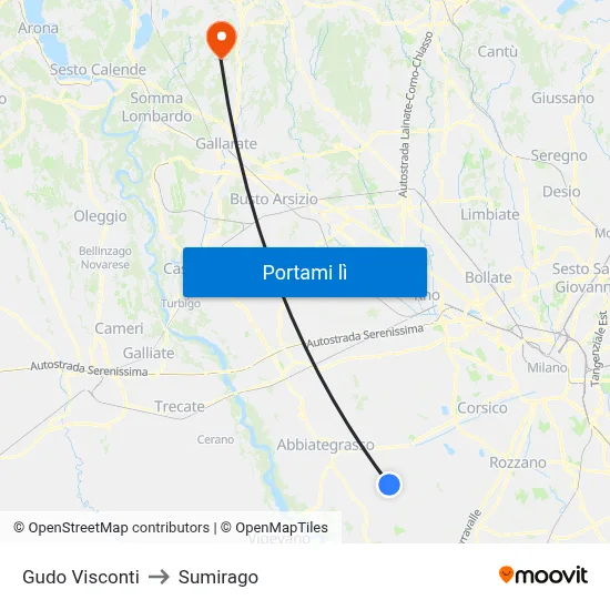Gudo Visconti to Sumirago map