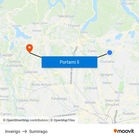 Inverigo to Sumirago map