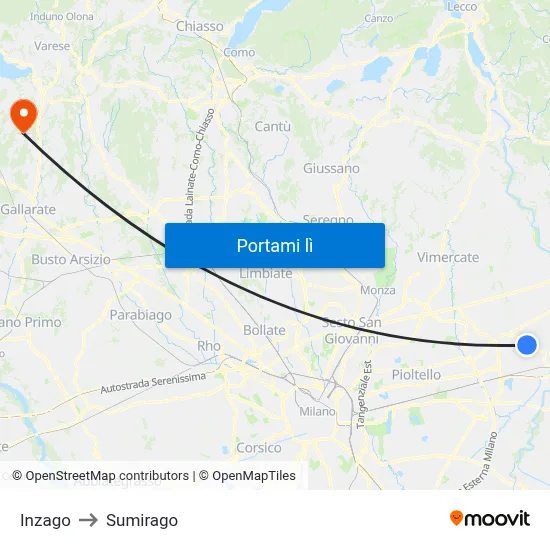 Inzago to Sumirago map