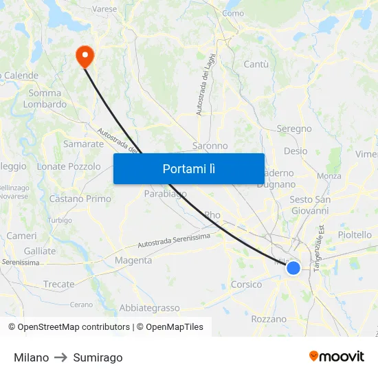 Milano to Sumirago map