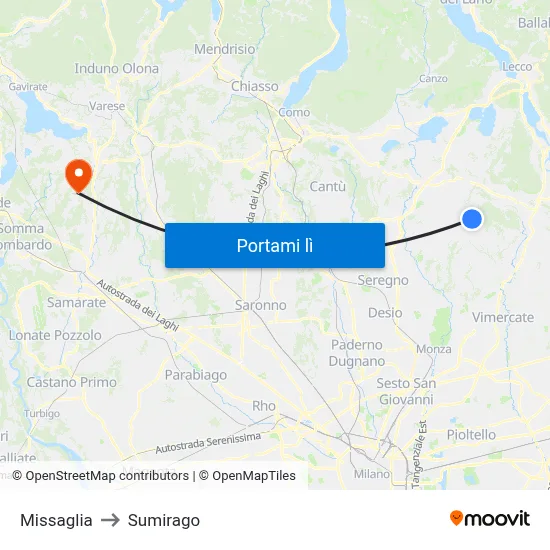 Missaglia to Sumirago map