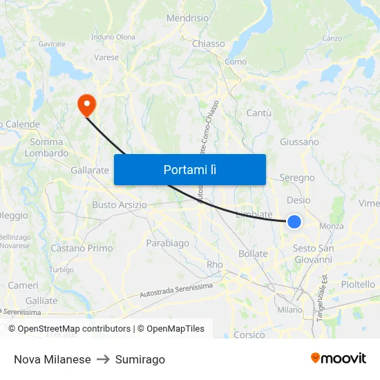 Nova Milanese to Sumirago map