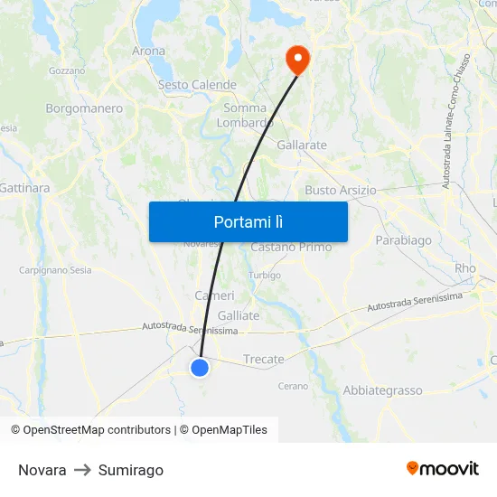 Novara to Sumirago map