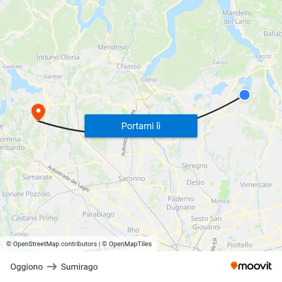 Oggiono to Sumirago map