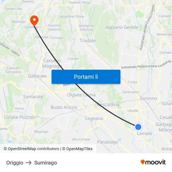 Origgio to Sumirago map