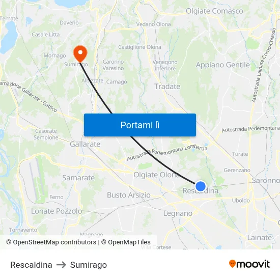 Rescaldina to Sumirago map