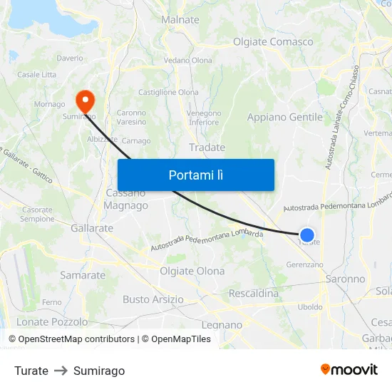 Turate to Sumirago map