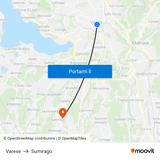 Varese to Sumirago map