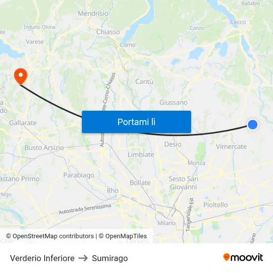Verderio Inferiore to Sumirago map