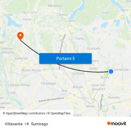 Villasanta to Sumirago map
