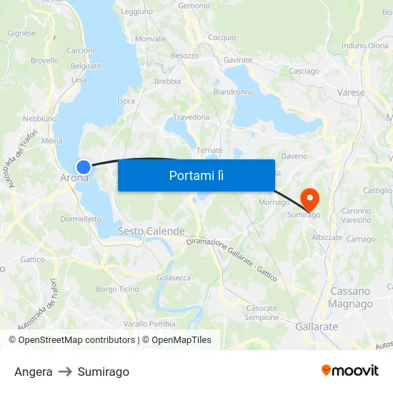 Angera to Sumirago map