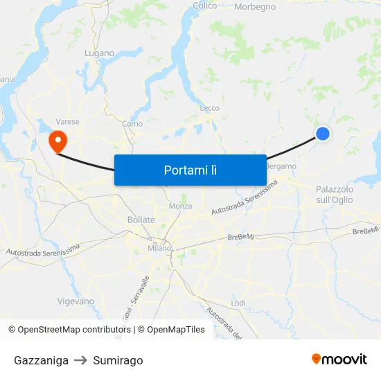 Gazzaniga to Sumirago map