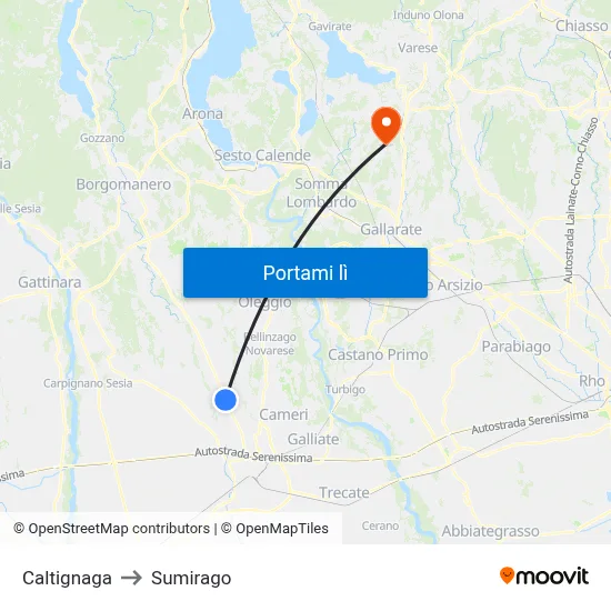 Caltignaga to Sumirago map