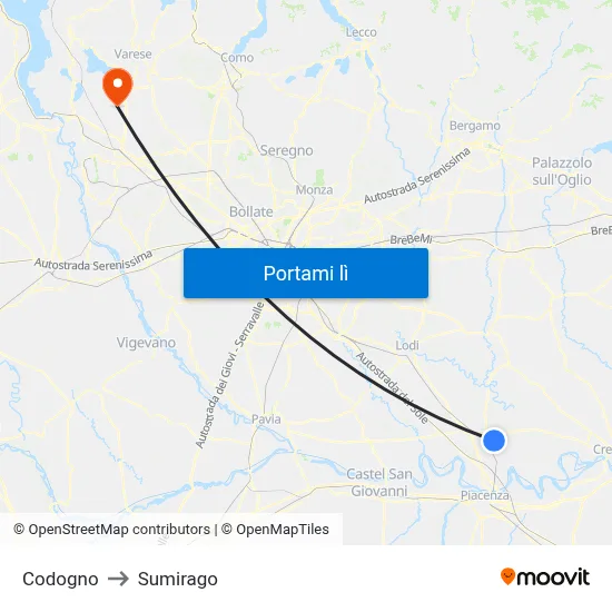 Codogno to Sumirago map
