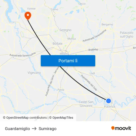 Guardamiglio to Sumirago map
