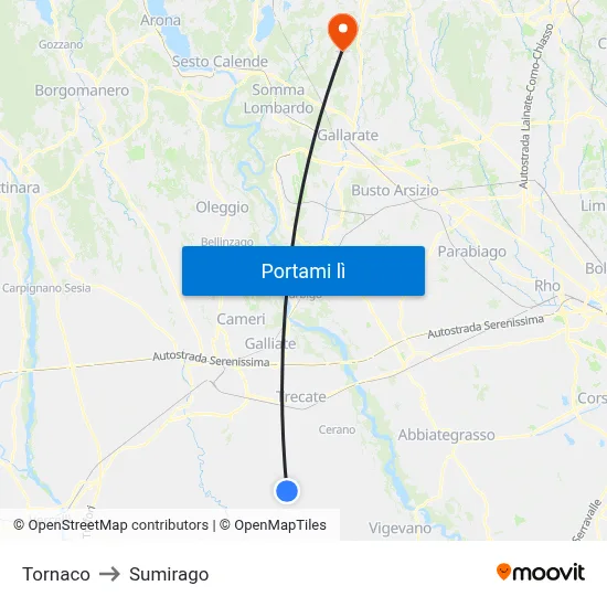 Tornaco to Sumirago map