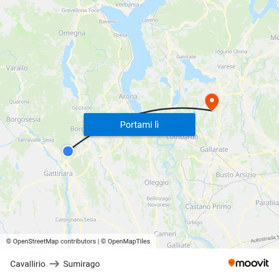 Cavallirio to Sumirago map