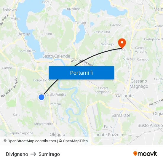 Divignano to Sumirago map