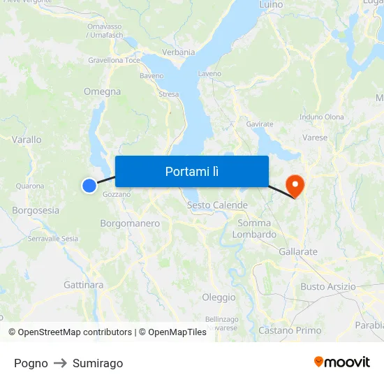 Pogno to Sumirago map