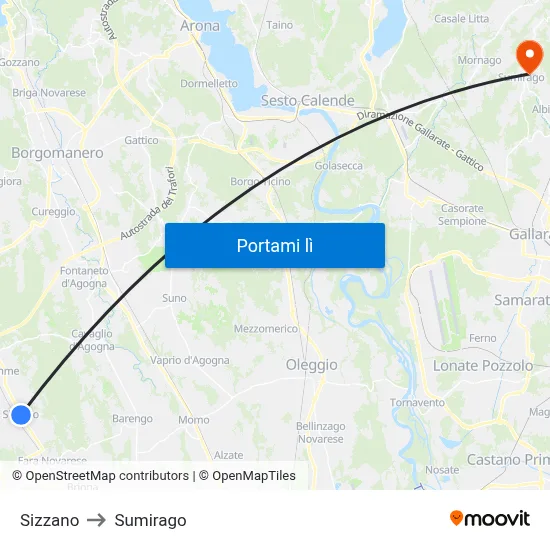 Sizzano to Sumirago map