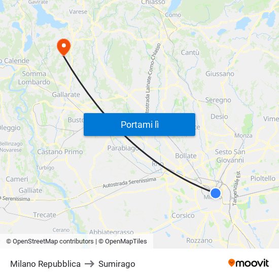 Milano Repubblica to Sumirago map