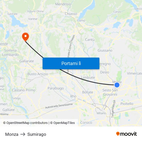 Monza to Sumirago map