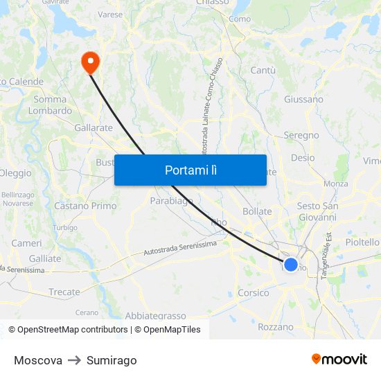 Moscova to Sumirago map