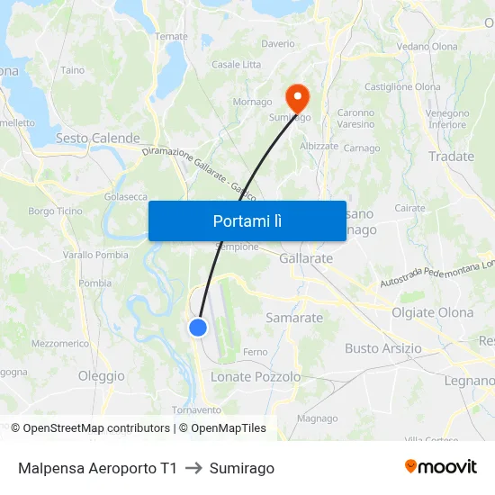 Malpensa Aeroporto T1 to Sumirago map