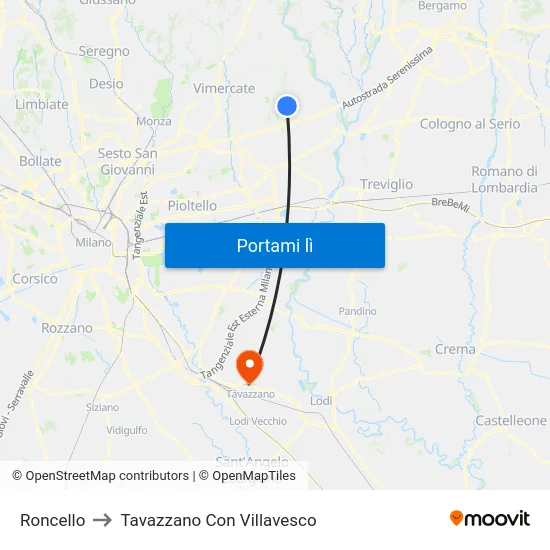 Roncello to Tavazzano Con Villavesco map