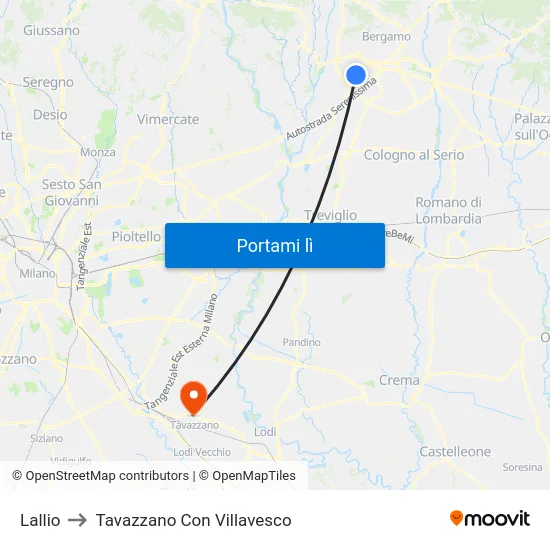 Lallio to Tavazzano Con Villavesco map