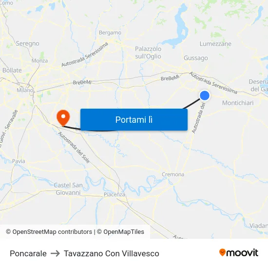 Poncarale to Tavazzano Con Villavesco map